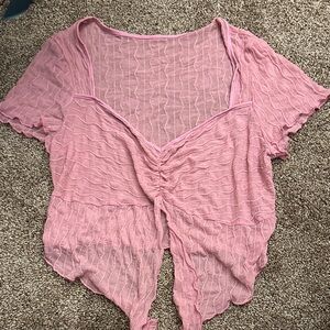 SHEIN Pink Ruched Tie-Front Sheer Crop Top